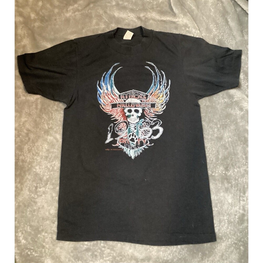 Vintage Athens 1983 Halloween Party T Shirt (S) Single Stitch Skull & Wings